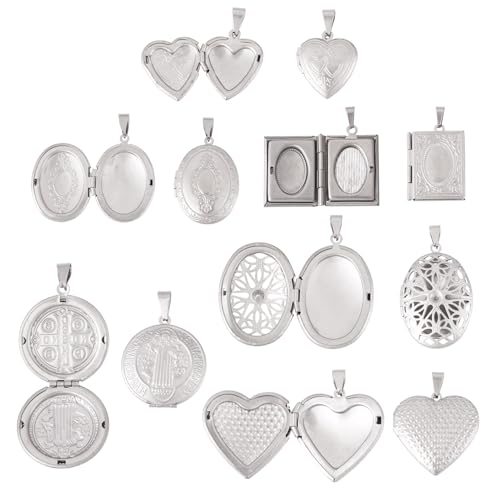 FASHEWELRY 6Pcs 316 Stainless Steel Locket Pendants Heart Oval Flat Round Rectangle Photo Frame Charms Silver Locket Charms for Necklaces DIY Memorial Necklace Making - color: Golden Color, 6 Styles