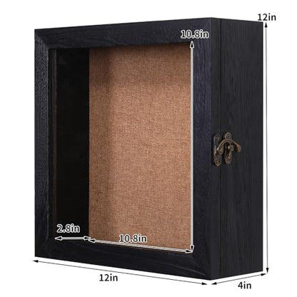 12 x 12 Extra Deep Shadow Box, 4-Inch Exterior Depth, Solid Wood, Black | Solid wood, hinged door, metal latch, extra-deep display for photos, bouquets, pet keepsakes, baby items and wedding mementos - size: 12x12