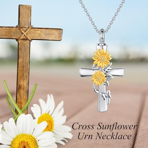 MONGAS Sunflower Cross/Sea Turtle/Phoenix/Angel Wing Urn Necklace for Ashes Sterling Silver Sunflower Cross/Sea Turtle/Phoenix/Angel Wing Cremation Jewelry for Ashes for Women - style: Sunflower Cross