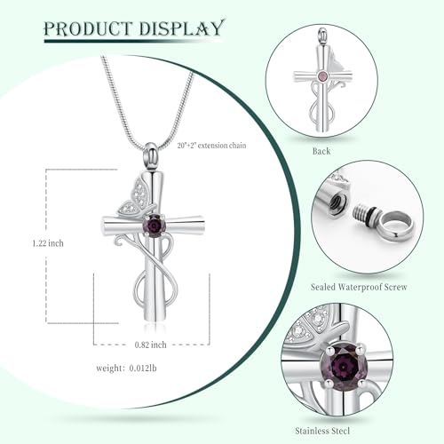 Butterfly Cross Cremation Jewelry Urn Necklaces Cross Butterfly Urn Necklaces for Ashes Memorial Keepsake Pendant for Women Men Gifts With Funnel Kit & Bag - color: Silver+Purple