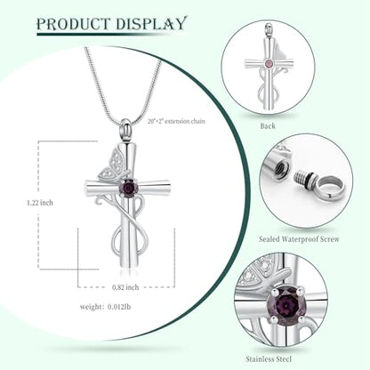 Butterfly Cross Cremation Jewelry Urn Necklaces Cross Butterfly Urn Necklaces for Ashes Memorial Keepsake Pendant for Women Men Gifts With Funnel Kit & Bag - color: Silver+Purple