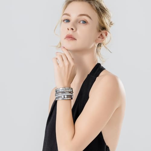Tree of Life Inspirational Leather Wrap Bracelets Boho Western Cowgirl Cuff - color: Silver