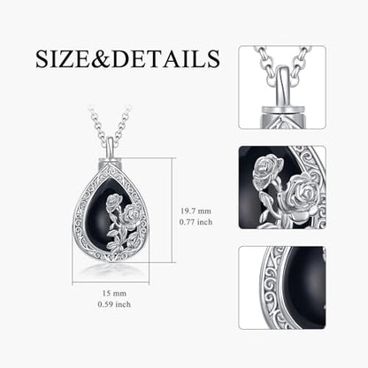 Rose & Daisy Urn Necklace - Sterling Silver Cremation Keepsake Memorial Jewelry - style: Rose Urn Necklace-Black Onyx