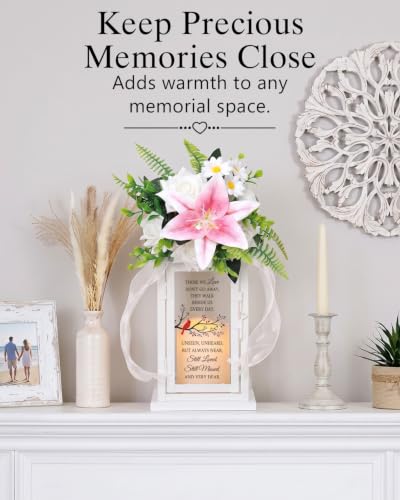 Sympathy Candle Lantern with Flower, Memorial Gift for Loss of Mom Dad Husband, Funeral Remembrance Lantern for Loss of Loved One - color: Cardinal/White