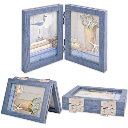 Collage Picture Photo Frames - 3.5x5, Triple Hinged 2 Desk Picture Frame, Wooden Desk Tabletop Family Photo Frame with Glass Opening, Decorative Folding Trifold Picture Frame Stand Vertical, Blue - style: Collage Blue 2-Fold,3×3.5"