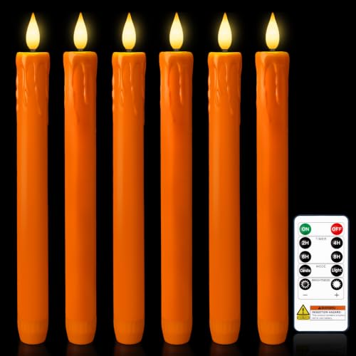 Homemory Orange Flameless Taper Candles with Remote Timer, 9.6 Inch Real Wax Battery Operated Candlesticks, Flickering Warmer Light Led Tapered Candle 6 Pack for Halloween Home Decor - color: Orange, size: 9.6 inch