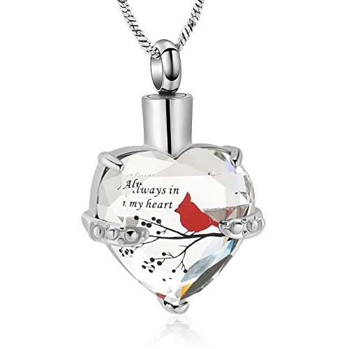 Yinplsmemory Cremation Jewelry Red Cardinal Urn Necklace for Ashes for Women Always in My Heart Urn Locket Pendant Memorial Jewelry - color: Clear