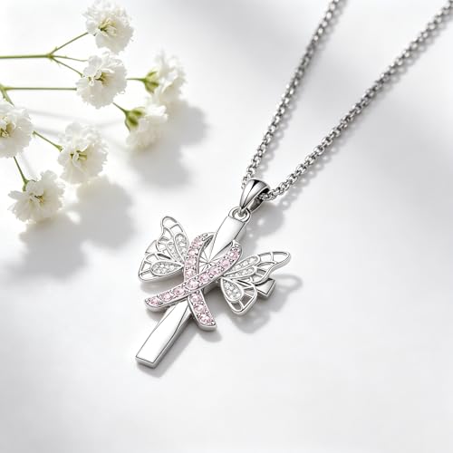 Necklace for Women 18K White Gold Plated Breast Cancer/Stethoscope Cross/Miscarriage Pendant Necklace Jewelry Gifts for Women - style: Breast Cancer