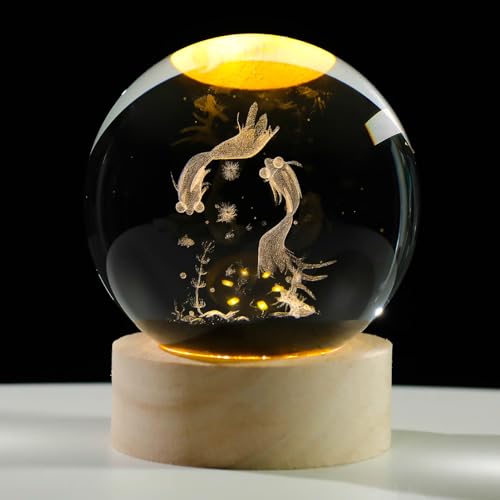 Arikyrist 3D Goldfish Crystal Ball Night Light, Crystal Goldfish Figurines with Wooden Base Gifts for Women and Kids, 3D Laser Engraved Glass Sphere Paperweight Decor for Home Office. - color: 3D Goldfish