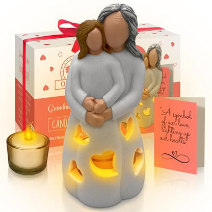 Hand-Painted Grandma-Granddaughter Candle Holder Statue Gift, with Flickering LED Candle | Gigi Grandmother Birthday Gift, Unique Nana Present Ideas for Christmas, Greeting Card Included - color: Grandma & Granddaughter (Light Brown)