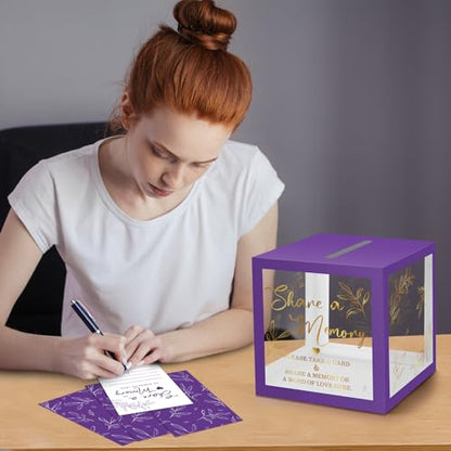 Pajean 50 Pcs Greenery Share a Memory Card, Celebration of Life Cards Box - color: Purple Gold