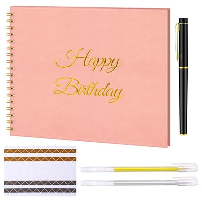 Mooliwe Birthday Guestbook with Pens Stickers Pink Spiral Hardbound Book 8.3 x 6.5 Inch Hardcover Hardbound Signature Guest Book for Photobooth Photo Strips Scrapbook Party Supplies (Pink Birthday) - color: Pink