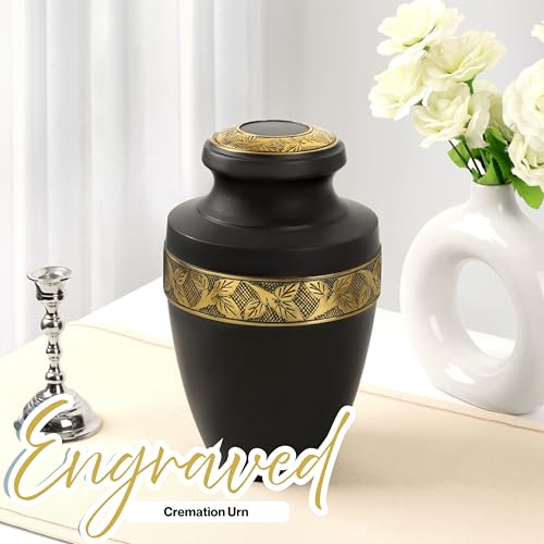 CLEENTABLE Aluminum Cremation Urn for Human Ashes, 11 in. (Black & Gold) - color: Matt Black Metallic Gold, size: Hand-Etched Leaf - 7x11"