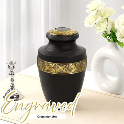 CLEENTABLE Aluminum Cremation Urn for Human Ashes, 11 in. (Black & Gold) - color: Matt Black Metallic Gold, size: Hand-Etched Leaf - 7x11"