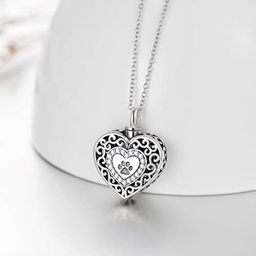 Filigree Dog Paw Urn Locket Necklace 925 Sterling Silver Print Pet Urn Necklace for Ashes Engraved Personalized Cremation Jewelry Pictures Keepsake Memorial Gifts for Women Men - style: A Filigree Paw Print