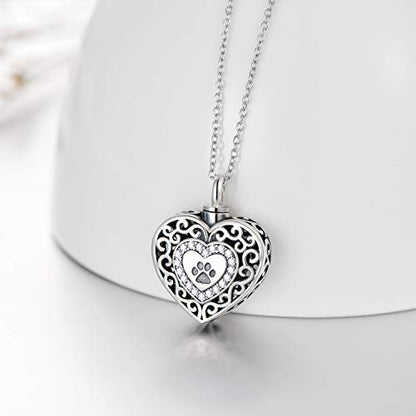 Filigree Dog Paw Urn Locket Necklace 925 Sterling Silver Print Pet Urn Necklace for Ashes Engraved Personalized Cremation Jewelry Pictures Keepsake Memorial Gifts for Women Men - style: A Filigree Paw Print