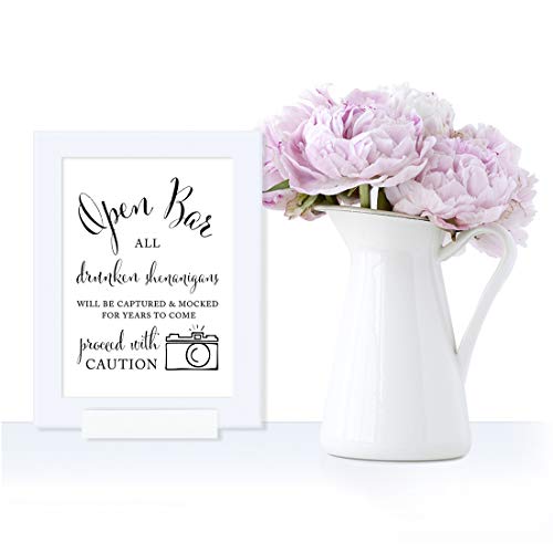Andaz Press Wedding Framed Party Signs, Formal Black and White, 5x7-inch, Open Bar All Drunken Shenanigans Will be Captured and Mocked For Years to Come Proceed with Caution, 1-Pack, Includes Frame - color: Alcohol Shenanigans