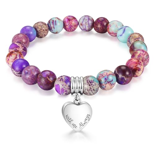 XIUDA Heart Cremation Memorial Urn Bracelet 316L Stainless Steel Keepsake Jewelry Urn Bracelet for Ashes for Women-With Me Always - style: Purple Emperor Stone