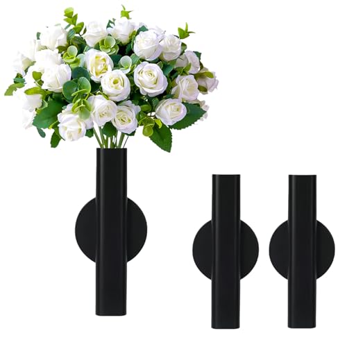Self Adhesive Wall Vase Metal Tube Decoration Holder Used to Display Dried Flower, Faux Flowers, Fake Flowers, Also Suitable for Cemetery Memorial Decoration (2 Pcs Black) - color: 2 Pcs Black