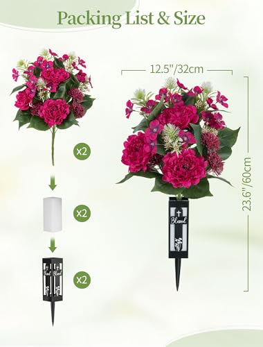 Artificial Cemetery Flowers for Grave: with Vase, 2 Pcs, Hot Pink - color: Hot Pink