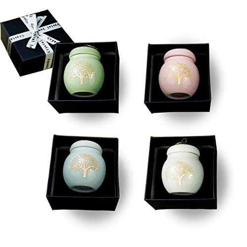 4 Pack Small Ceramic Keepsake Urns for Human Ashes, Tree of Life Pattern | Including 4 Independent Gift Boxes, Mini Cremation Urn, Sympathy Gift, For Families Sharing Remains, Sealed Well