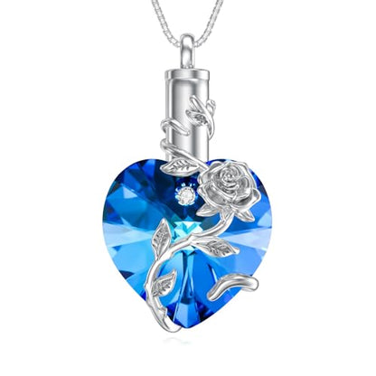 OCJ Heart Rose Flower Urn Necklace for Ashes Women Birthstone Cremation Necklaces Sterling Silver Memorial Cremation Jewelry Gifts - color: 09-Sep-Sapphire