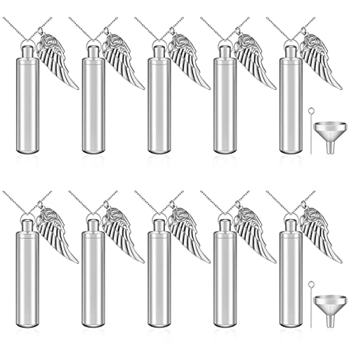 10 Pieces Urn Necklace for Ashes Cylinder Cremation Jewelry with Angel Wing Charm Memorial Pendant Keepsake for Women Men Vial Cremation Ash Pendant - color: Silver, size: 0.43 x 1.89 Inch