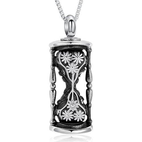 XSMZB Sunflower Hourglass Urn Necklaces for Ashes Human Pet Memorial Jewelry for Ashes Cremation Keepsake Pendant for Men Women - color: Silver-Black