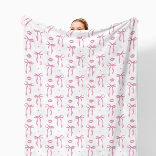 Coquette Pink Bow Throw Blanket for Couch, Preppy Room Dorm Decor, Aesthetic Pink Ribbon Bow Lips Throw Blanket for Girls Bedroom Living Room Home Decoration, 50x60 Inches - color: Color_8