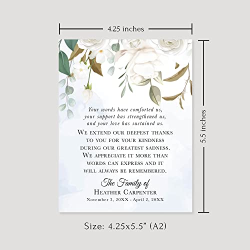 White Floral and Greenery Funeral Thank You Cards | Sympathy Acknowledgement Cards, 4.25x5.5", Flat Bereavement Notes, With Envelopes