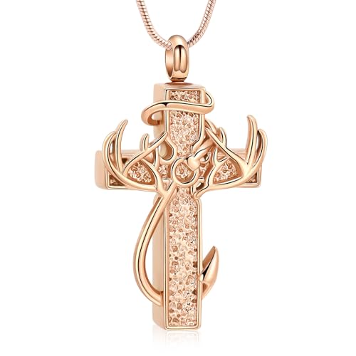 zeqingjw Cross Urn Necklace Fish Hook Cremation Jewelry for Ashes Pendant Stainless Steel Deer Antler Cross Memorial Human Pet Keepsake Ashes Holder for Men Women - color: Rose Gold Cross