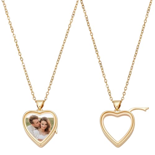 UNICRAFTALE Memory Heart Locket Pendant Kit 2Pcs Picture Floating Charms with 304 Stainless Steel Chains 17.72 Inch Golden Heart Bezel Photo Pendants Trays for DIY Necklace Gift
