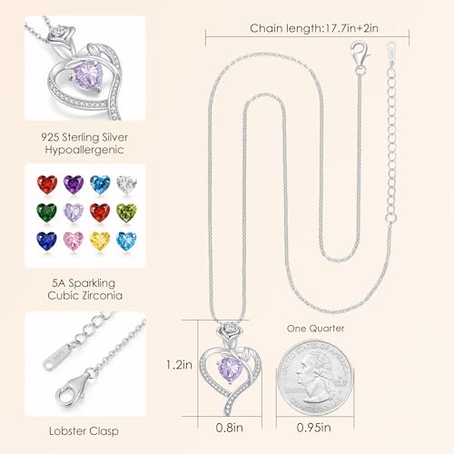 925 Sterling Silver Rose Love Heart Birthstone Necklaces for Women Jewelry | Hypoallergenic Nickel-Free & Lead-Free Pendant,Birthday Anniversary Christmas Gift for Women Wife Mom Girlfriend - color: White Gold-06-Jun
