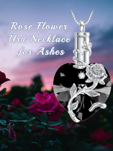 OCJ Heart Rose Flower Urn Necklace for Ashes Women Birthstone Cremation Necklaces Sterling Silver Memorial Cremation Jewelry Gifts - color: 13-Black Crystal