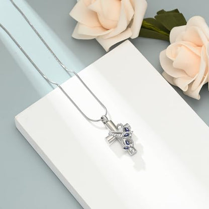 shajwo Cross Urn Necklace for Ashes Birthstone Rose Flower Cremation Jewelry for Women Gilrs Keepsake Memorial Ashes Pendant - color: Butterfly-Blue