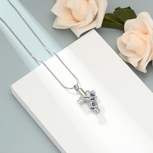 shajwo Cross Urn Necklace for Ashes Birthstone Rose Flower Cremation Jewelry for Women Gilrs Keepsake Memorial Ashes Pendant - color: Butterfly-Blue