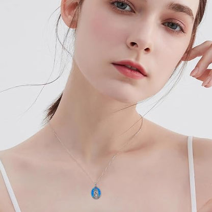YAFEINI Virgen De Guadalupe Necklace 925 Sterling Silver Mother Mary Necklace Virgencita Jewelry Thanksgiving Day Gifts for Women - style: Blue Opal