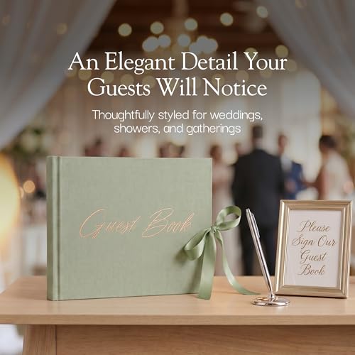 Wedding Guest Book with Keepsake Pocket & Satin Bow Closure Linen Hardcover - color: Sage Green