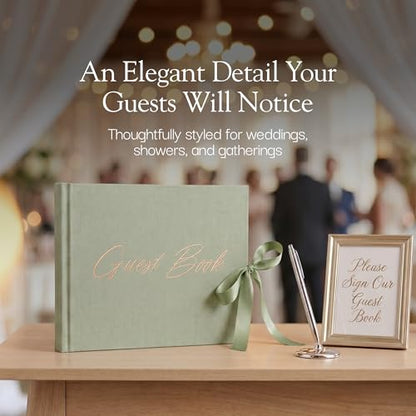 Wedding Guest Book with Keepsake Pocket & Satin Bow Closure Linen Hardcover - color: Sage Green