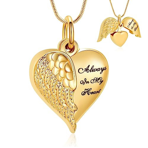 Cremation Jewelry Angel Wing Stainless Steel Heart Urn Necklaces for Ashes Memorial Keepsake Pendant for Women Men - color: Gold