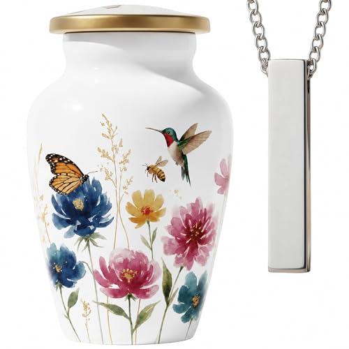White Flower Keepsake Mini Urn for Human Ashes Adult Male & Female Funeral & Cremation Small Urn for Human Ashes Keepsake & 1 Ash Necklace for Men & Women - color: White Flower Mini Keepsake