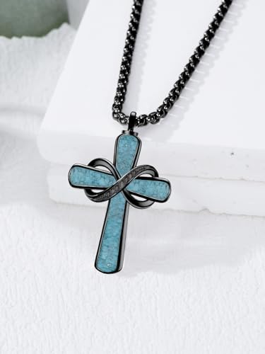 Turquoise Cross Urn Necklaces for Human Ashes 925 Sterling Silver Urn Necklaces Cremation Keepsake Memorial Pendant Necklace for Ashes for Loved One Human Pet - style: Infinity&Black-Text