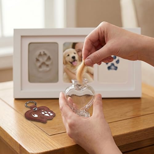 White Pet Paw Print Keepsake Photo Frame, Mess-Free 3-Panel Wooden Pet Loss Memorial Kit for Dog & Cat - color: white
