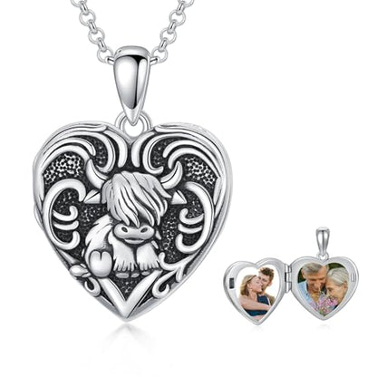 Heart Locket Necklace 925 Sterling Silver Custom Photo Pendant That Holds Pictures Memorial Jewelry Gifts for Women Mom Daughter - color: Highland Cow, style: 1-no custom