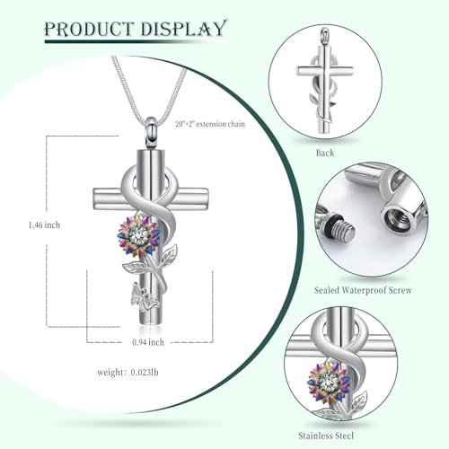 Cross Sunflower Cremation Jewelry Urn Necklaces Cross Urn Pendant Necklaces for Ashes Memorial Keepsake Pendant for Women Men Gifts With Funnel Kit & Bag - color: Rainbow