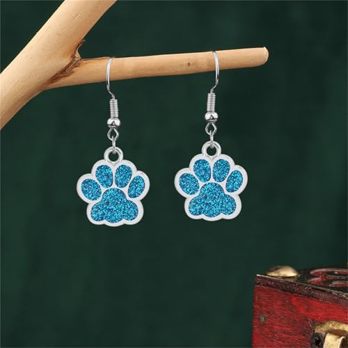 Dreuyet Paw Necklace and Earrings Set for Women Glitter Cute Dog Cat Pet Paw Print Pendant Necklace Earrings Lovely Animal Charm Jewelry Set Gifts - color: Silver Light Blue
