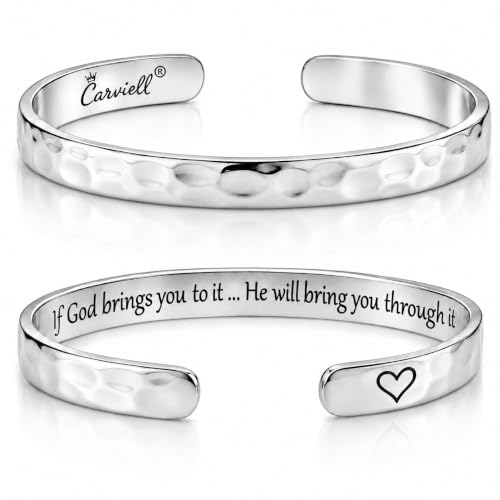 Bracelets for Women – 100+ Meaningful Engraved Messages – Solid 316L Surgical Stainless Steel Cuff Bracelet – Gift Ready - color: CHRISTIAN GIFT - If God brings you to it.. He will bring you through it. - SILVER