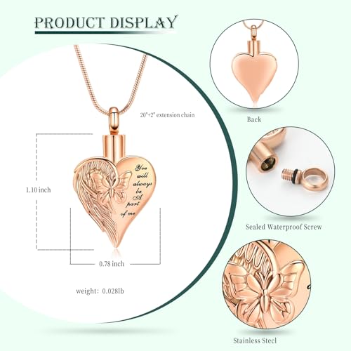 Love Heart Cremation Jewelry Urn Necklaces Butterfly Urn Necklaces for Ashes Memorial Keepsake Pendant for Women Men Gifts With Funnel Kit & Bag - color: RoseGold