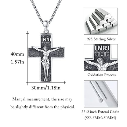 Crucifix Necklace for Men 925 Sterling Silver Jesus Cross Necklace Crucifix Cross Pendant Protection Jewelry for Men Women - style: B05-INRI