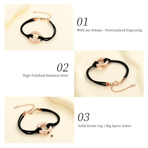Oinsi Circle Of Life Cremation Jewelry Black Genuine Leather Memorial Urn Bracelet For Ashes Of Loved One Keepsake Holder For Women Men - color: Rose Gold